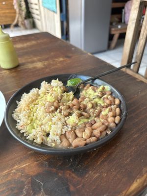 Beans and rice and the green hot sauce to spice it up    at Sol de Maple in Cozumel