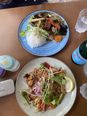 Vegan PhadThai below and Vegan StirFri with Garlic Sauce above   at Monkey Punch in Noosa Heads