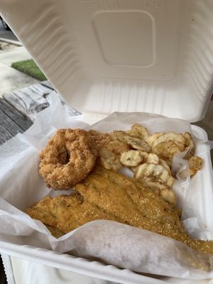 Fysh, Chips, Mac N’ Cheese ring!  The best !  at Burgers & Booch in Orlando