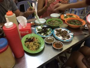 A selection of fried mushrooms and soups we ordered at Vegetarian Food in Phnom Penh