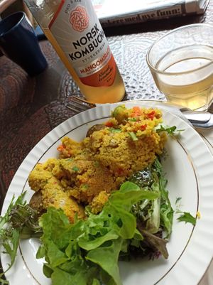 Tasty couscous and falafel dish: Lun Vegetar. Vegan when the dressing is swapped with their vegan pesto. at LilleHolmestrand in Holmestrand