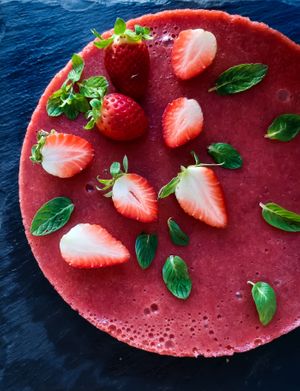 Raw Matcha Cheesecake with Strawberry Jello at Greenology Artisan Desserts in Nicosia