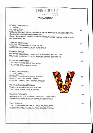 Dedicated menu as of Sept 27th 2020 confirmed at The Creek Bistro Chic in Tunis