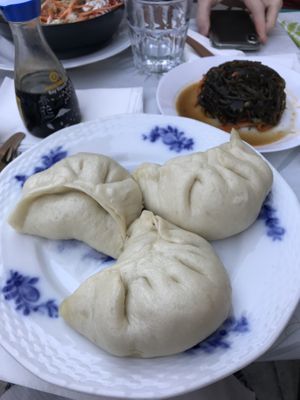 vegan giant dumplings with noodles & mushroom and a seaweed salad  at Sibiriens Sinokök in Stockholm