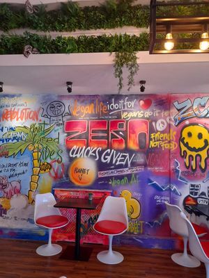 Cozy seating with plenty to look at... #Veganuary at Zero Clucks Given in Birkenhead