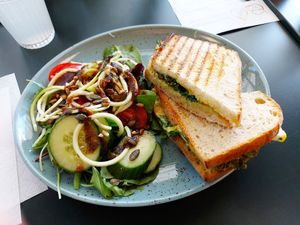 Grilled cheese sandwich with feta, avo and pesto. 109 SEK. Very nice! Vinaigrette was a little too sharp for my taste. at Bonne Femme in Johanneshov