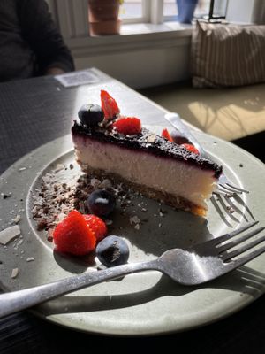Moulding blueberry next to the fork. Cheesecake   at Mama  in Reykjavik