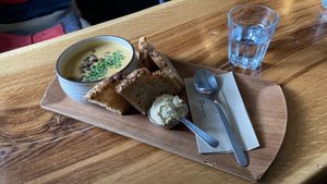 Carrot and curry soup with hummus and toast at Mama  in Reykjavik