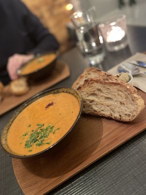 Tomato soup, sour dough bread and Hummus   at Mama  in Reykjavik