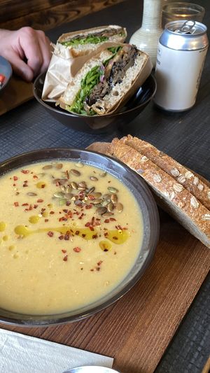 Soup of the week (sweet potato) and a mushroom sandwich    at Mama  in Reykjavik