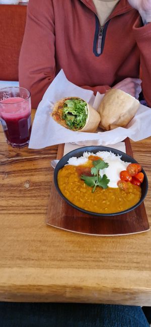 Dahl a la Mama, chilli wrap and the red smoothie at Mama  in Reykjavik