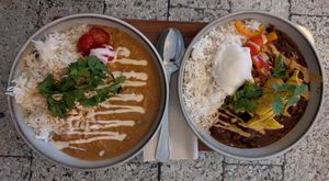 Left: West Africa peanut stew; right: Chilli sin Carne at Mama  in Reykjavik
