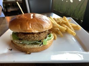 Chick’n bak’n ranch sandwich with garlic fries  at Cafe Organix in San Bernardino