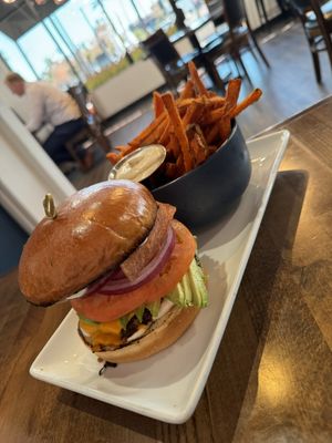 California Burger with sweet potato fries  at Cafe Organix in San Bernardino