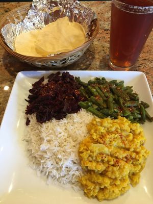 House of Curry Rice Meal: Basmati rice, beet roots, green beans & dhal. Served with Papadam (large chickpea chips). at House of Curry in Rosemount