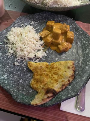 Vegan butter paneer (tofu) with rice and vegan garlic naan  at The Vegan Indian in Amsterdam