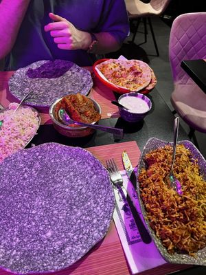 Vegan chicken biryani, vegan chicken tikka masala, rice, garlic naan, vegan raita  at The Vegan Indian in Amsterdam