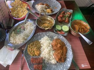 Meatless seekh kabab, vegan chicken vindaloo, garlic naan    at The Vegan Indian in Amsterdam