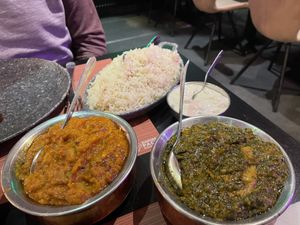 Aubergine curry, rice and vegan chicken saag  at The Vegan Indian in Amsterdam