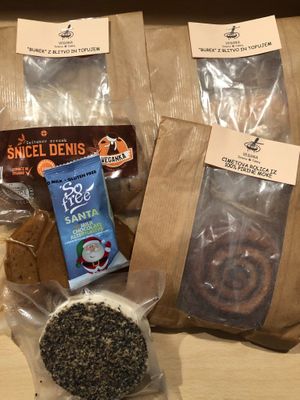 pie, cinnamon rolls, cheese and chocolate at Vegansko.si in Ljubljana