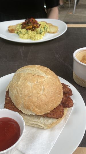 Tempeh bap. Scrambled tofu egg with spinach and peppers   at Thrive in Cambridge