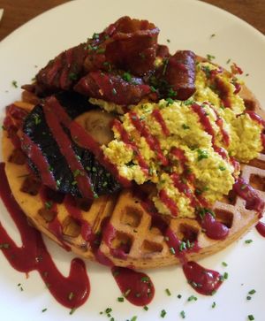 All day brunch waffle (part of Nourish Me Cambridge kitchen takeover menu, January 2022) at Thrive in Cambridge