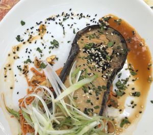 Aubergine and satay dish  at Thrive in Cambridge
