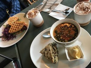 Delicious soup of the day, tempeh waffles and hot chocolates at Thrive in Cambridge
