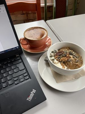 Granola and soya Capp  at Thrive in Cambridge