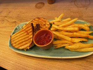 Toastie and french fries   at Thrive in Cambridge
