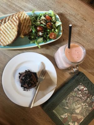 Toastie, house made cupcake and mango smoothie  at Thrive in Cambridge