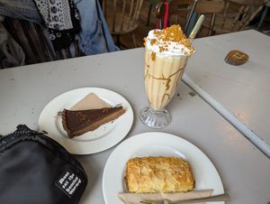 Plant-based sausage roll, billionaires tart, biscoff soya milk shake at Thrive in Cambridge