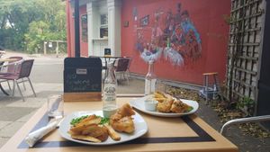 Tofish and chips in the outdoor seating area at Thrive in Cambridge