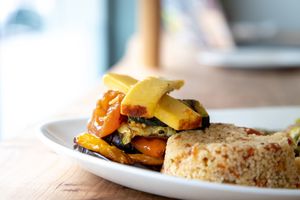 Mediterranean vegetable and smoked applewood stack at Thrive in Cambridge