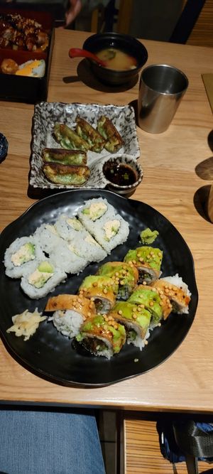 Vegan Gyoza (top), Vegan California Rolls (middle), Vegan Dragon Rolls (bottom) at Sakanaya in Champaign
