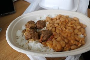 Plant-Based Meatballs over Jasmine Rice and White Canary Beans at Stango Cuisine in Champaign