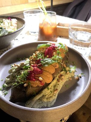 grilled eggplant, hummus, chipotle, pistachios, raspberries, mayo, microgreens, mint   at Brixton House in Bratislava