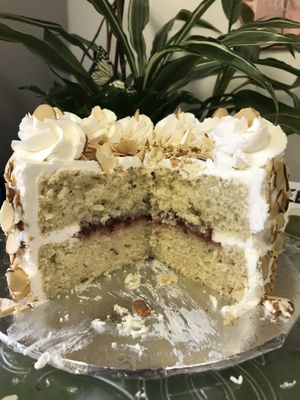 Almond cake with raspberry filling at Kindness Batters Vegan Bakery in Lake Worth