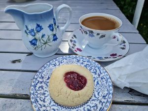 Vegan hallongrotta (raspberry jam cookie) and coffee with oatmilk at Söderbönor in Oland