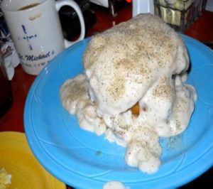 The fried tofu with biscuit and gravy! Not for the timid. at 821 Cafe in Richmond