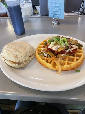 Vegan chicken and waffles (Korean chicken) with a side of vegan biscuitts  at 821 Cafe in Richmond