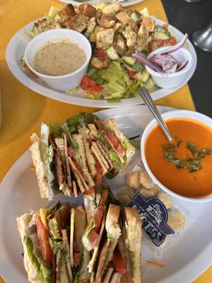 Caesar salad, club sandwich and roasted pepper soup.   at 821 Cafe in Richmond