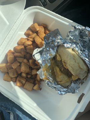 Special vegan beyond sausage, just egg, and rooted cheese biscuit with home fries🤤🤤🤤 at 821 Cafe in Richmond