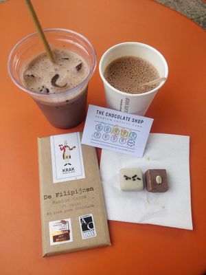 Alles op de foto is vegan: koude chocomel, warme chocomel, chocolade reep en twee pralines at The Chocolate Shop in The Hague