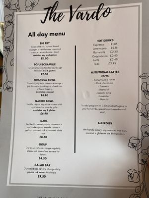 Current menu  at Kynd Coffee in Bedford