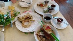 Scallion Pancakes, veggie tempura, house platter, soba noodle soup, side chili sauce at Grasshopper Restaurant in Boston