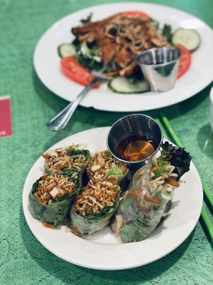 Tofu hand rolls and bbq veggie pork  at Grasshopper Restaurant in Boston