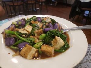 Eggplant supreme with Chinese broccoli  instead of asparagus. at Grasshopper Restaurant in Boston