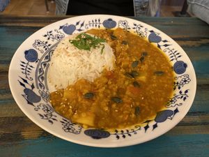 Daily meal with rice, curry and pimpking at VeggieDick in Mikulov