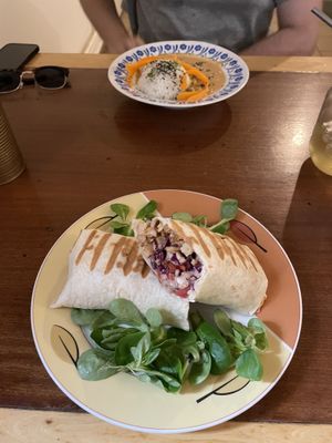 Tofu in peanut sauce with rice and wrap with tempeh and vegetables   at VeggieDick in Mikulov